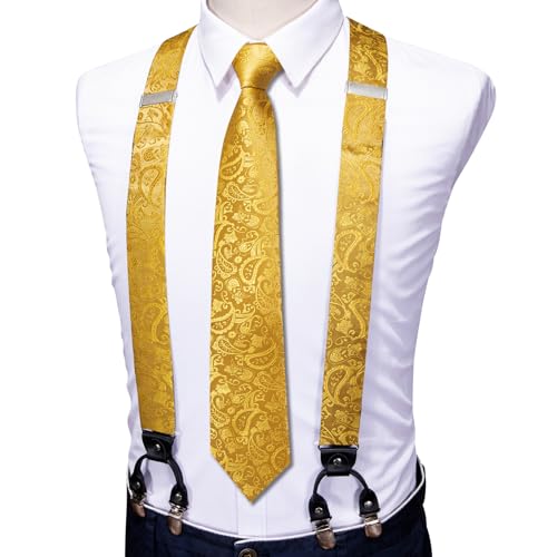 Image of Barry.Wang Men Suspender Set with Necktie Elastic Y Type Heavy Duty 6 Clips Braces Tie Handkerchief Cufflink Pin 6PCS