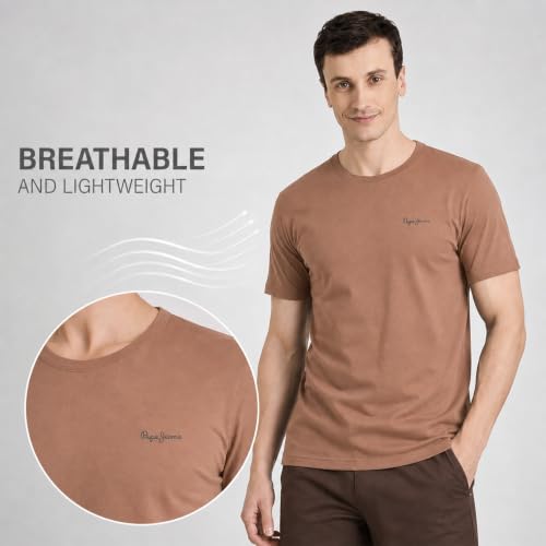 Image of Pepe Jeans Men's Solid 100% Cotton Regular Fit T-Shirt | Classic Everyday Basic Tee for Casual Soft Breathable Cotton Fabric | Round Neck | Short Sleeves | Comfortable All-Day Wear