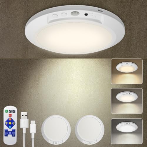 L.JUJAM Motion Sensor Ceiling Light Battery Operated with Remote 2 Pack Wireless Rechargeable Ceiling Lights Indoor 3CCT Dimmable Closet Night Light for Shower Stairs Shed Hallway Porch RV and Tent