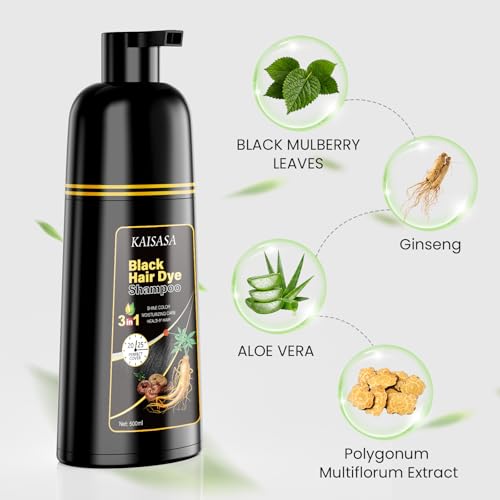 Image of KAISASA Black Hair Dye Shampoo 3 in 1, Hair Color Shampoo for Women and Men, Hair Dye to Cover Gray Hair, Dye Shampoos for Grey Hair Coverage 500ml (Black)