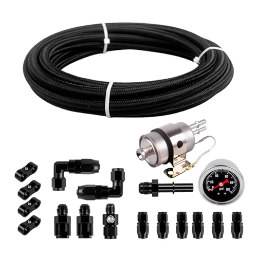 CNARQR 6AN Fuel Line & 58PSI LS Swap Fuel Filter Regulator & Oil Pressure Gauge 100PSI Kit LS Swap EFI Fuel Injection Hose Line Fitting 6AN CPE Hose Braided Fuel Line Fitting Kit 20FT