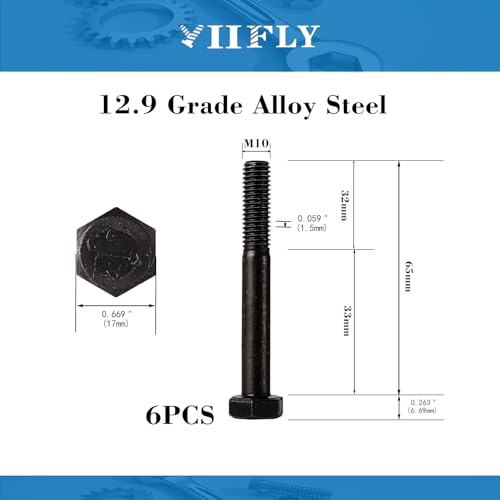 Image of M10x1.5 x 65mm Hex Head Screws Bolts, 12.9 Grade Alloy Steel, Hexagon Head Bolts, Black Oxide Finish, Half Thread, Quantity 6