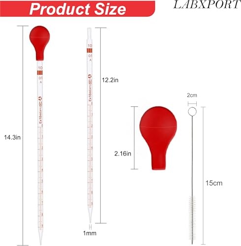 Image of 10ml (13 Inch) Glass Graduated Pipette Droppers with Red Rubber Bulbs (2pc.) & Cleaning Brush for Lab Laboratory Perfume Making Cosmetics School College Science Essential Oils Home Use