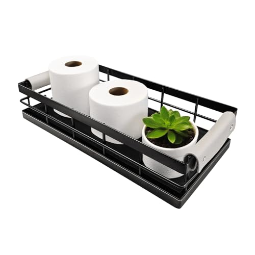 Toilet Paper Storage Basket, 13 Inch Wood and Iron Toilet Tank Basket with Grip for Bathroom Tank Topper, Fragrance Cosmetics toiletries Bath Bottles Counter Decoration Tray (Black)