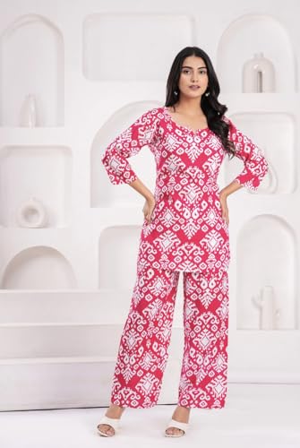 Image of YAZIA Women's Cotton Printed Co-Ord Set | Printed Top & Palazzo Set | Soft Breathable Cotton Lounge Wear | Casual Ethnic Co-Ord Outfit for Daily, Office, Travel & Home | S to 2XL