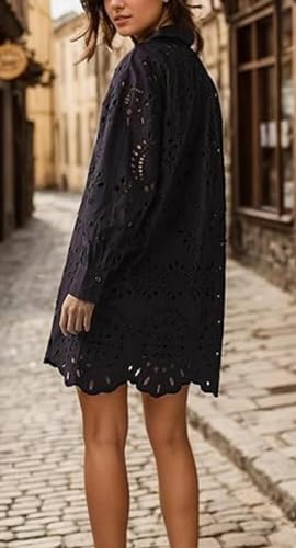 Image of CHARTOU Women Eyelet Lace Dress Button Down Shirt Loose Fit Summer Casual Mini Dress