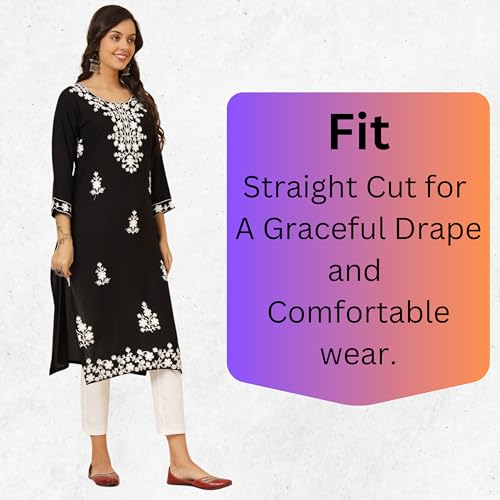 Image of Women's Chikankari-Lucknowi Embroidered Work| 3 /4 Sleeves | Knee Length | Round Neck | Soft Fabric | Straight Rayon Kurta