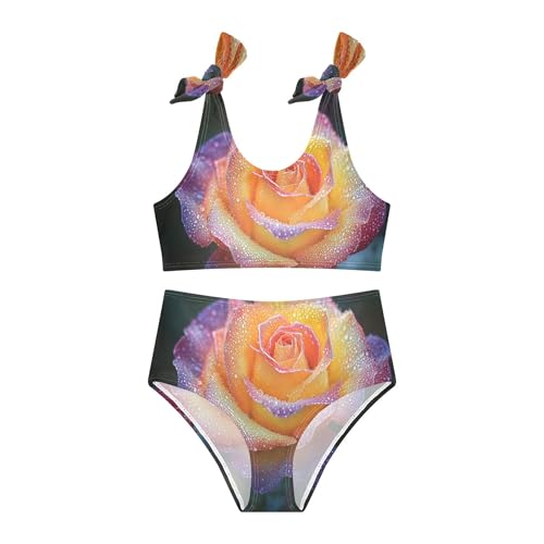Rainbow Color Rose Flower with Water Drop Girls Bikini Sets 2 Piece Swimsuits Bathing Suit Swimwear3