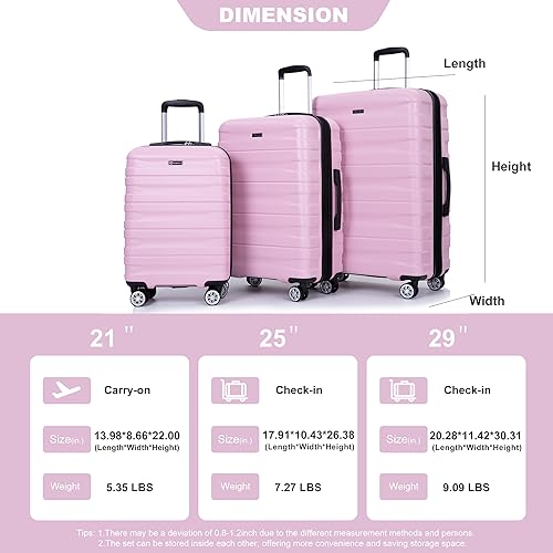 3 Piece Luggage Sets PC Lightweight & Durable Expandable Suitcase with Two Hooks, Double Spinner Wheels, TSA Lock, (21/25/29) Pink3