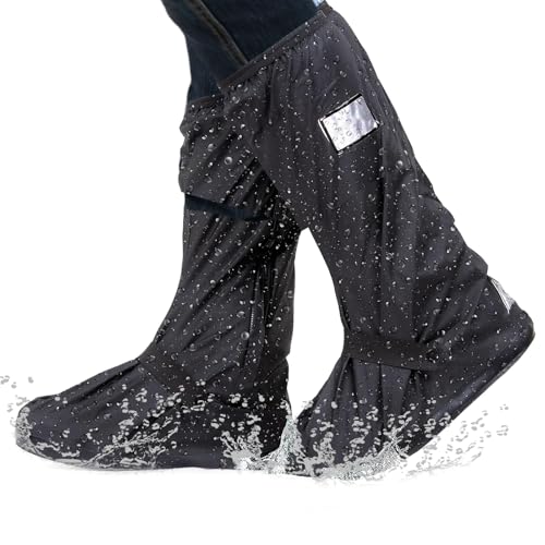 XL Größe Regenschutz Schuhe Fahrrad, PVC Hohe Regenschutz Galoschen, Schuhüberzug mit Reflektor, Schuhüberzieher Wasserdicht, Schwarz Schuhüberzieher Outdoor, Rutschfest Überzieher Schuhe für Männer