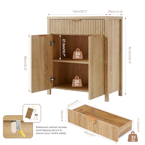 Image of Panana 2 Doors 1 Drawer Sideboard, Ribbed Style Storage Cabinet with Adjustable Shelves for Kitchen Living Room, Kitchen, Entryway (Oak)