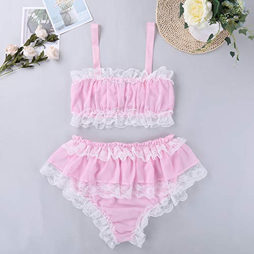 Choomomo Men's Sissy Lingerie Set Ruffled Lace Chiffon Crop Top Skirted Panties Crossdress Pajamas4