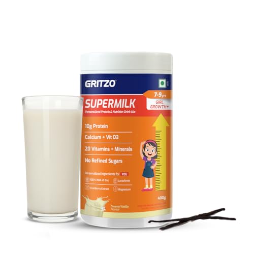 Gritzo SuperMilk Growth+ (Formerly Height+) (7-9y Girls), 10g Protein Powder (Creamy Vanilla, 400g) | Zero Refined Sugar, 20 Vitamins & Minerals