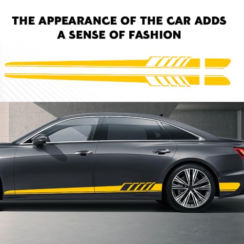 Image of 2PCS Car Side Skirt Decals, Auto Body Large Stickers, Waterproof PVC Racing Long Stripes Personalized Stickers, Car Stripe Stickers Decor Racing Accessories for Cars Trucks SUVs (Yellow)