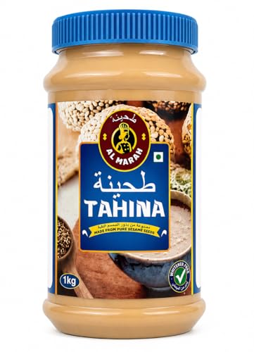 Image of AL MARAH White Tahini /Tahina Paste, 1KG (100% Hummus Ground Hulled Sesame Seed Paste Smooth & Creamy, Natural For Hummus, Middle Eastern Condiment For Salad Dressings, Baba Ghanoush)