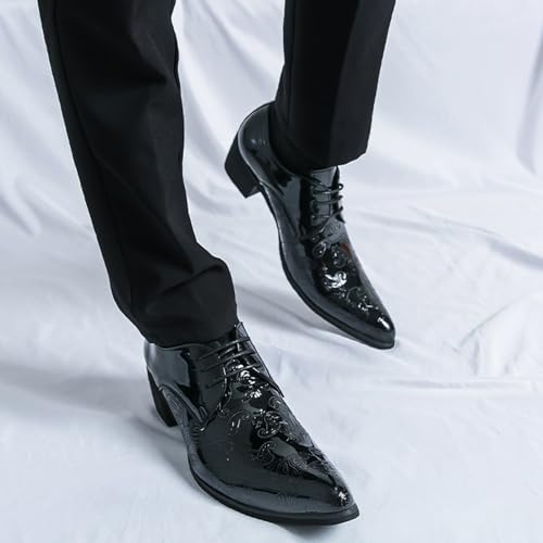 Image of Men's Printing Pointed-Toe Patent Leather Derby Oxford Shoes,Classic Lace-up Low Top Block High Heel Fashion Slip on Prom Business Wedding Dress Shoes