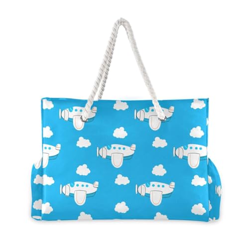 Cartoon Airplane Clouds Beach Tote Bag for Women Waterproof Large Swim Pool Beach Bags with Zipper Travel Tote Bags Carry On Bag for Gym Vacation Essentials Nurse Grocery Yoga2