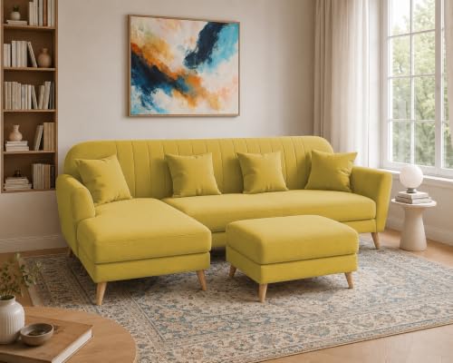 Image of Atticus LHS 6 Seater L Shape Sofa Set with Ottoman Living Room (Yellow Colour Fabric) Premium Fabric Sofa Set for Living Room