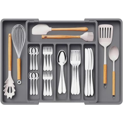 Image of Aliensware Expandable Slider Kitchen Drawer Organizer, BPA Free Utensil, Adjustable Flatware & Cutlery Holder /Divider Tray for Spoons Forks, Knives Tableware Storage-13-22.4 X15X2 inch(8-Slots /Grey)