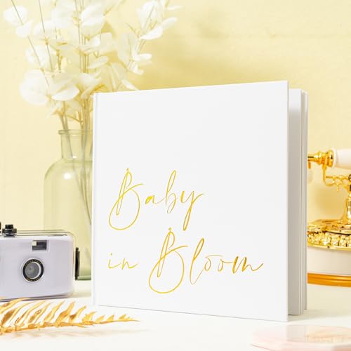 Image of Calculs Baby in Bloom Baby Shower Guest Book, Gold | 8.5-inch square hardcover keepsake book, 32 blank sheets for messages and instant photos, pen included