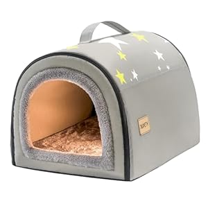 Jiupety Cozy Small Pet Dog House, 2 in 1 Puppy House, S Size for Cat and Puppy, Warm Cave Sleeping Nest for Cats and Dogs, S(14″×12″×11″), Up to 5 Lb, Grey