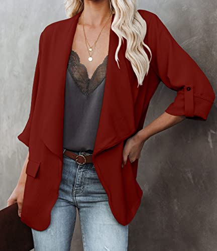 Womens Casual Blazer Jackets Roll Up Long Sleeve Open Front Work Office Business Blazers with Pockets Red2