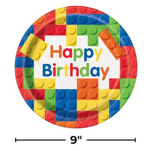 Image of Bold & Bright Building Blocks Birthday Round Dinner Plates - 9 inch (Pack of 8) - Vibrant & Fun-Themed Party Tableware - Perfect for Kids' Milestone Celebration