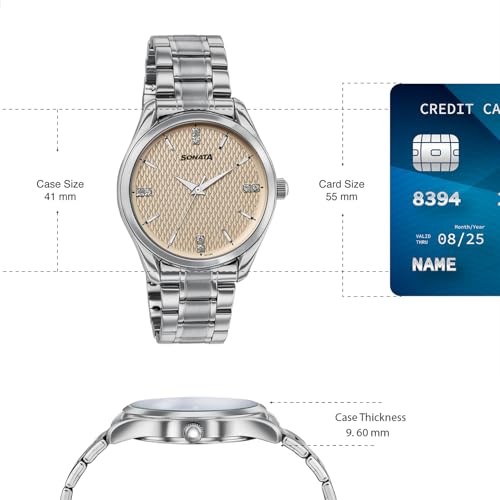 Image of Sonata Jashn with Quartz Analog Beige Dial Silver Strap Men's Wedding Watch - 77206SM01