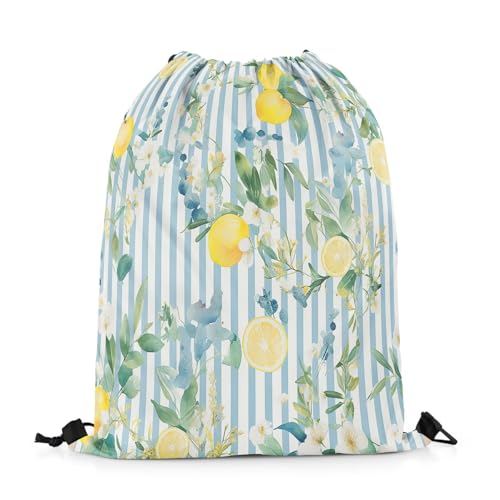 jejeloiu Lemon Drawstring Backpack 13x15.7inch Tropical Fruit Print Waterproof Gym Drawstring Bags Blue Striped Sports String Backpack Beach Swim Travel Bag Sackpack3