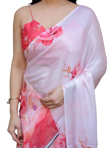 Image of ALMAARI FASHION Women's Floral Printed Georgette Satin Saree with Unstitched Blouse Piece | Traditional Ethnic Wear Sarees | Soft Lightweight Ethnic Office Wear Daily Wear Indian Sari (SG 161-170 H)