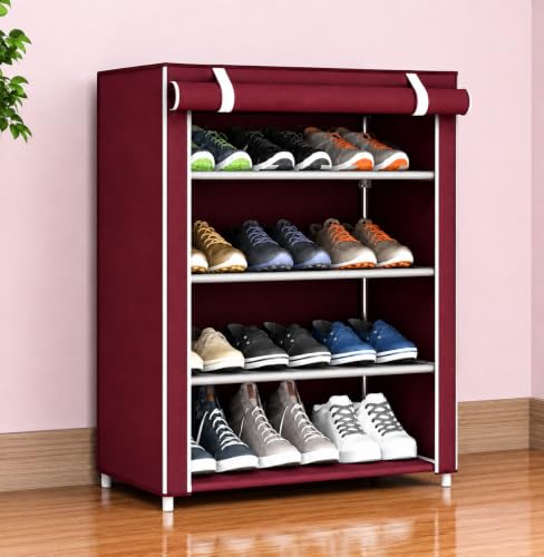 Image of 4 Layer Shoe Rack Plastic with Maroon Cover | Multipurpose Plastic Shoe Rack for Home | Space Saving Foldable Shoe Stand | Storage Rack for Home, Bedroom & Entryway