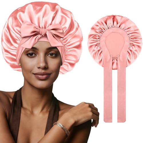 Silk Bonnet for Women Satin Bonnet for Sleeping Large Sleep Cap with Elastic Tie Band for Curly Braid Hair (Pink)