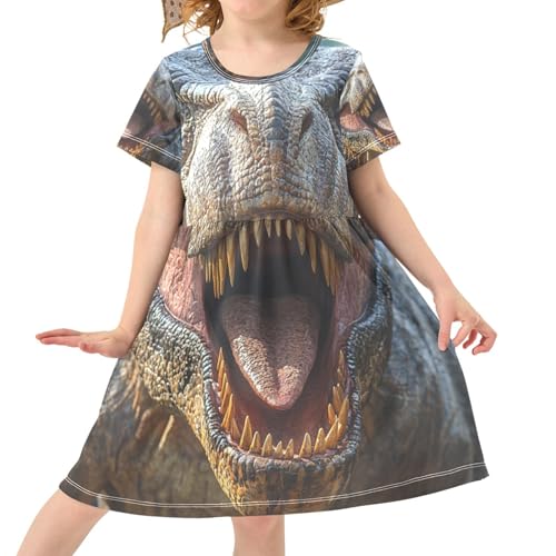 Pigsaly Girls Short Sleeve Dress Jurassic Tyrannosaurus Rex Roared Fiercely Dinosaur Girls Summer Dress 5-6T3