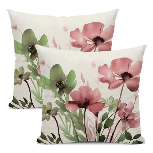 Spring Floral Pillow Covers 18x18 Inches Set of 2 Sage Green Pink Floral Throw Pillow Covers Outdoor Rustic Summer Flower Decoration Pillowcase Farmhouse Decorative Cushion Cover For Home Couch
