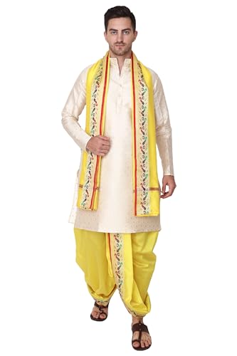 Image of Rameshwaram Fabrics Readymade Dhoti for Men, Velcro Style Stitched Mens Silk Dhoti Pant with Stole Set