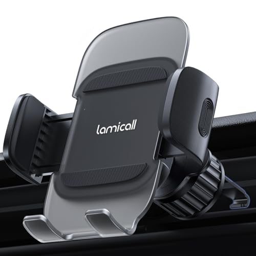 [Metallhaken/One-Touch] Lamicall Acryl-Feder-Typ-Haken für Auto-Klimaanlage, Smartphone, fester Ständer, Lüftungsschlitz, Auto, tragbar, One-Touch-Teleskoparm, 360-Grad-Drehung für iPhone