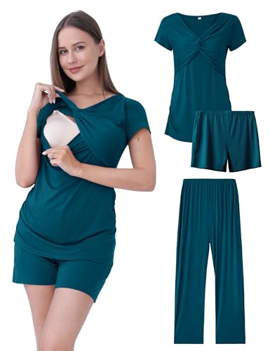 Image of QUNISY Maternity Nursing Pajamas Set 3PCS, Breastfeeding Tops, Adjustable Shorts & Pants, Postpartum Hospital Bag Essentials