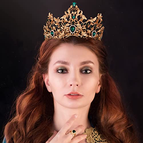 AW BRIDAL Gold Crowns for Women, Queen Crown Jeweled Emerald Green Tiara Crystal Headband for Halloween Costume Party Prom Wedding Birthday Christmas (Gold)