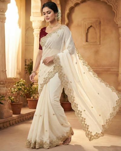 Image of Handcrafted Floral Embroidered Saree with Contrast Blouse
