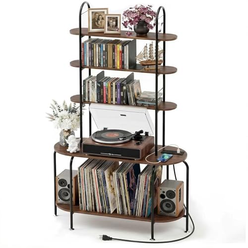 Image of Faesun Record Player Stand with Storage, 5-Tier Turntable Stand with Charging Station, CD Storage with Adjustable Book Stoppers, for CDs, Vinyl Records, Books, Games, for Living Room, Bedroom, Walnut