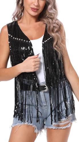 Maeau - Colete sem mangas mulher com franjas de lantejoulas estilo cowboy ocidental Rock casaco primavera verão - S-L, Preto, M
