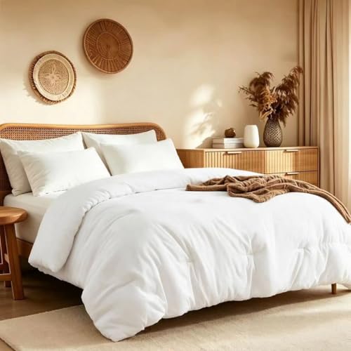 Image of Quataly California King Comforter Set Prewashed Lightweight Quilted Bedding | 3PCS White Breathable Down Alternative Bedding Set with 1 Solid Comforter (104 inchx96 inch) and 2 Soft Pillowcases