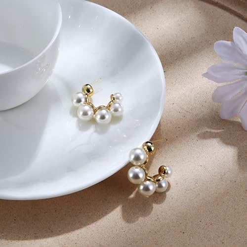 Dochais Pearl Hoop Earrings for Women, 14K Gold Plated Pearl Drop Earrings 925 Sterling Silver Gold Pearl Hoops Earrings Trendy Lightweight Hypoallergenic Pearl Earrings Jewelry3