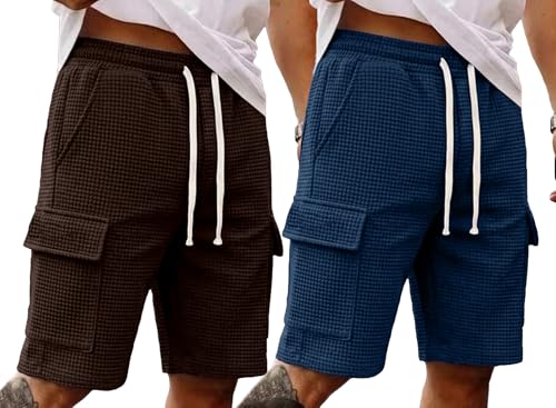 Image of AUSK Men Premium Summer Cargo Shorts Breathable Waffle Knit Fabric Multi Utility Pockets Relaxed Fit Shorts for Mens