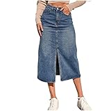 COTCLO Langer Rock Hohe Taille Gerade Denim Rock Damen Vintage Split Gabel Blau Lang Bodycon Bleistift Jeans Rock, blau, 44