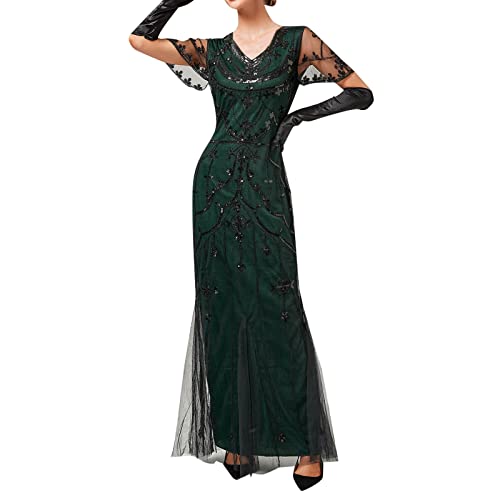 MJGkhiy Elegantes Silvesterkleid für Damen, lang/kurze Ärmel, sexy Partykleider, Pailletten, V-Ausschnitt, Weihnachtskleid, Minikleid, Festkleidung,...