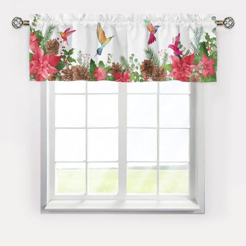 Christmas Flower Birds Curtains Valance, Short Curtains Valance for Small Window,Blackout Window Valance,Rod Pocket Valance Window,Christmas Decor Window Curtains for Bedroom Bathroom Living Room