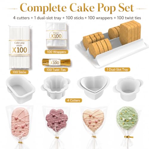 Image of Cake Pop Molds Set, 4 Shapes with Tray, 100 Sticks Wrappers Ties | 4-shape cake pop cutter set with dual-slot tray, plus 100 cake pop sticks, 100 wrappers, and 100 twist ties