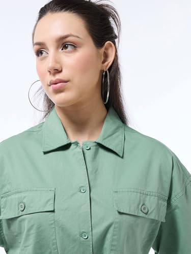 Image of Bewakoof Women's Solid Oversized Fit Half Sleeve Collar Cotton Blend Above The Knee Shirt Dress