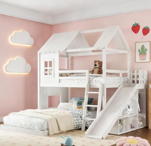 Image of Bellemave Bunk beds Twin Over Full with Slide,Ladders,Bookshelf and Wardrobe House roof Design, Low bunk /loft Bed for Kids,White
